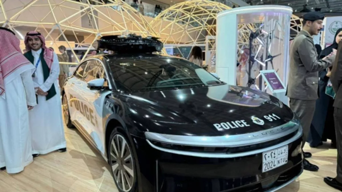 Saudi made Lucid electric vehicle equipped with drone, AI technologies on display at the World Defense Show